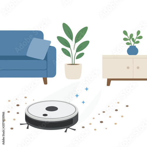 A robotic vacuum cleaner autonomously cleans a floor with scattered debris