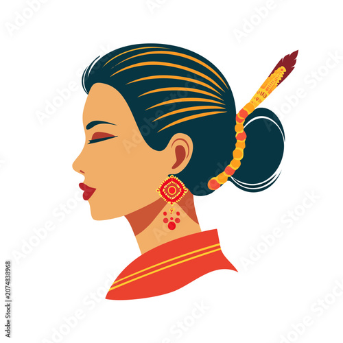 Woman profile with traditional hair bun and earring vector