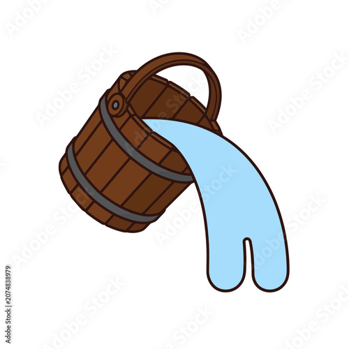 Wooden bucket with flowing water vector illustration