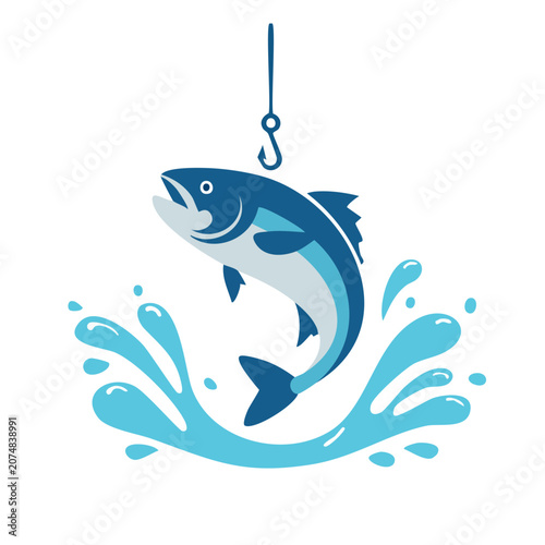 Blue fish jumping with fishing hook and splash