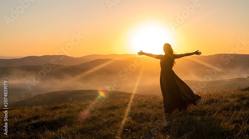 Radiant woman with outstretched arms embraces the golden hour sunset atop a tranquil grassy hill, celebrating nature's beauty and personal freedom