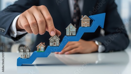 A businessman’s hand positions house models on a rising blue arrow staircase.