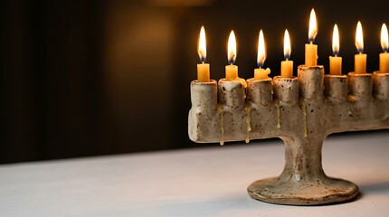Traditional ceramic chanukiah with glowing candles for hanukkah