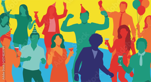 Vibrant party people silhouettes dancing at celebration event, colorful crowd of friends with drinks and balloons, festive social gathering vector illustration