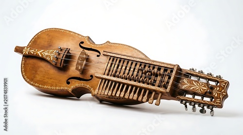 Vintage swedish nyckelharpa stringed instrument on white background