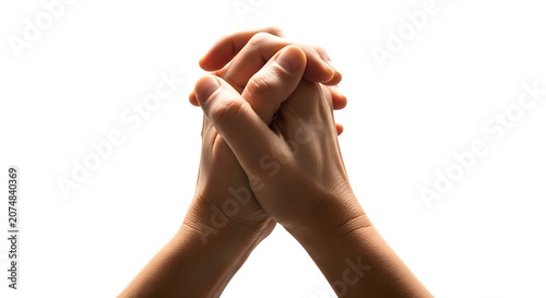 Hands together in a gesture of prayer or supplication on transparent background