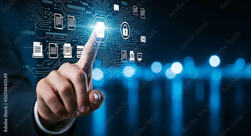 Fototapeta premium Person touching a digital screen showing document management and security icons with glowing blue lines and data