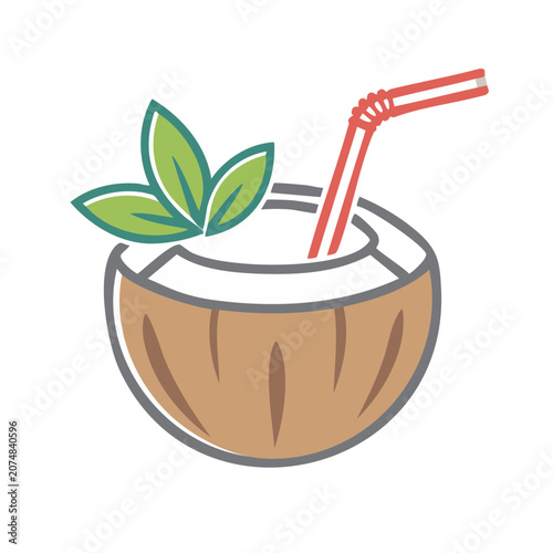 Coconut drink with straw and leaves flat vector illustration