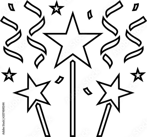 Star sparklers exploding with festive confetti ribbons outline, perfect for party and holiday celebration layouts