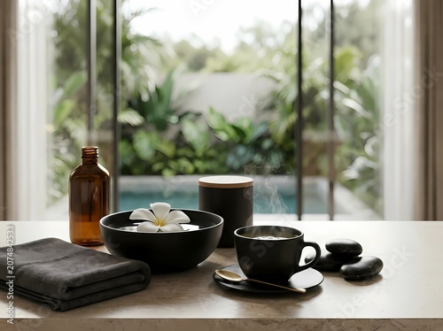 Luxury Spa Still Life with Herbal Tea and Natural Wellness Essentials
