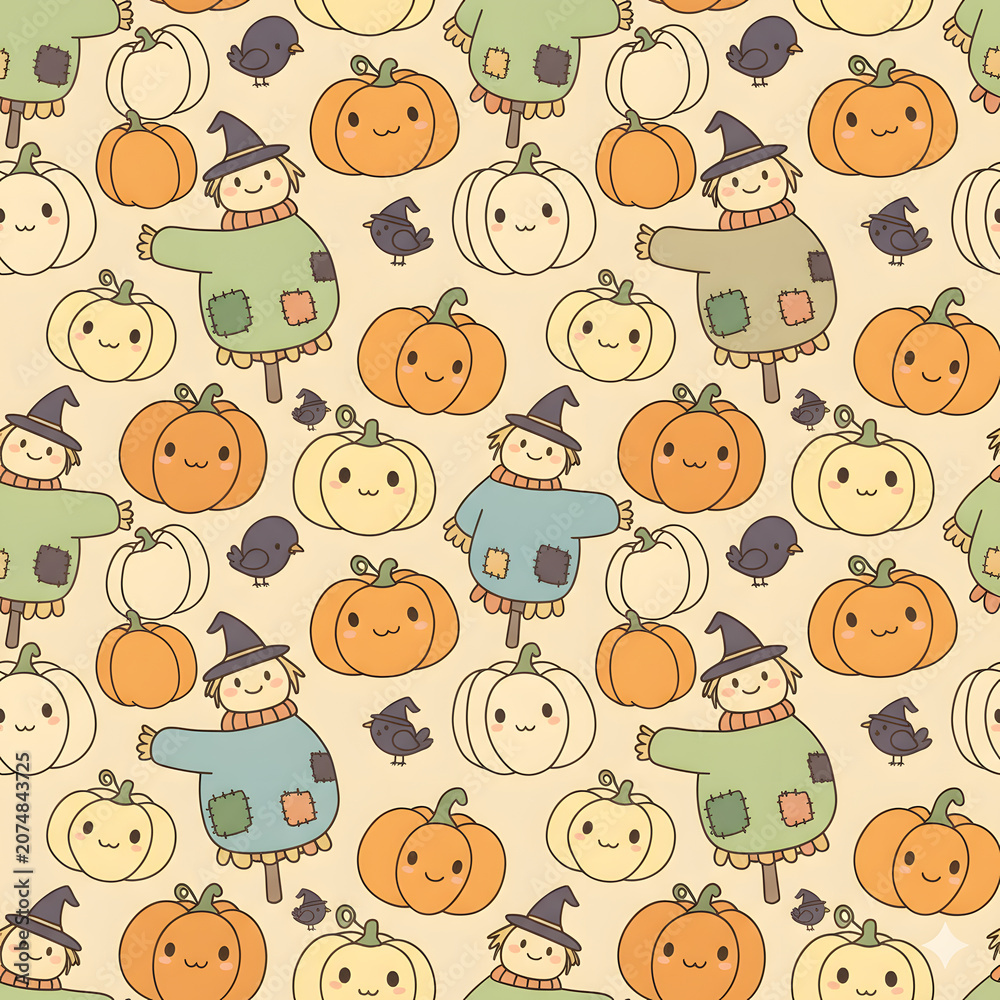 Fototapeta premium seamless pattern of smiling pumpkins of various shapes, a cute cartoon scarecrow