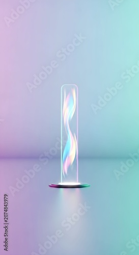 Abstract 3D rendering of a glowing holographic flame inside a glass cylinder on a soft pastel gradient background for modern digital art