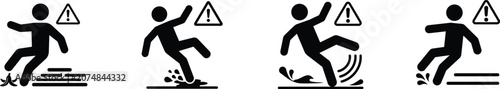 Photos Set of caution icons representing slip trip and fall hazards on wet or slippery