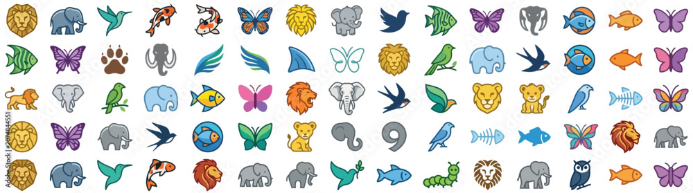 Fototapeta premium Large collection of minimalist animal and nature vector icons