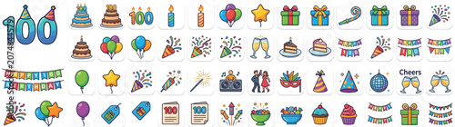 Tableau sur toile 100th Birthday Anniversary Celebration Vector Icon Set