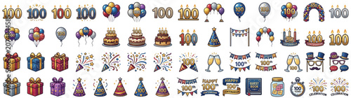 Foto 100th anniversary celebration icon set with party elements and gifts