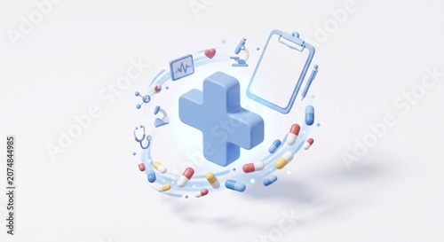 A blue cross surrounded by medical icons, pills, and a clipboard on a white background with blue swirls