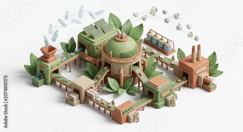 An isometric 3D illustration of a green and brown recycling plant with conveyor belts and solar panels on