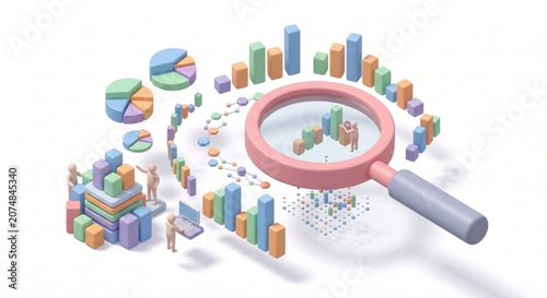 A 3D isometric rendering of a data analysis concept with pastel-colored graphs, charts, and people interacting with them