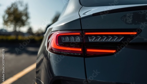 Close-up of a contemporary car's LED tail light in an outdoor lot.