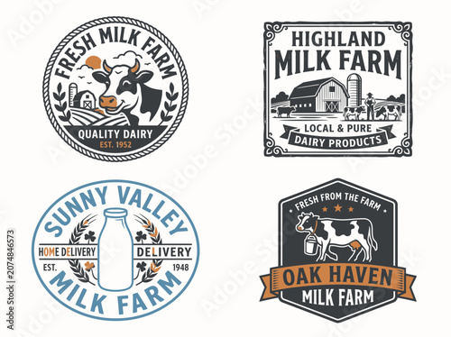 Set of vintage milk farm logo templates with cow, barn and milk bottle