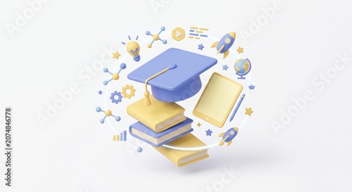 a blue graduation cap sits on stacked books surrounded by floating icons and symbols in yellow and blue