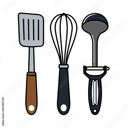 Flat illustration of kitchen utensils: spatula, whisk, peeler