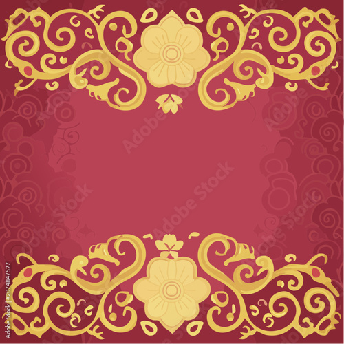 Gold ornamental floral border on red background