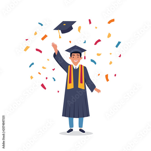 Graduate in cap and gown celebrating with confetti