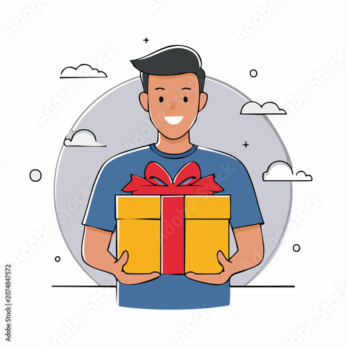 Man Holding a Gift Box with Red Ribbon