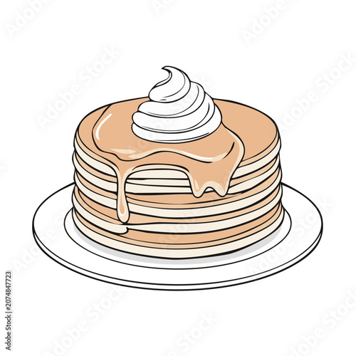 Stack of pancakes with syrup and whipped cream illustration