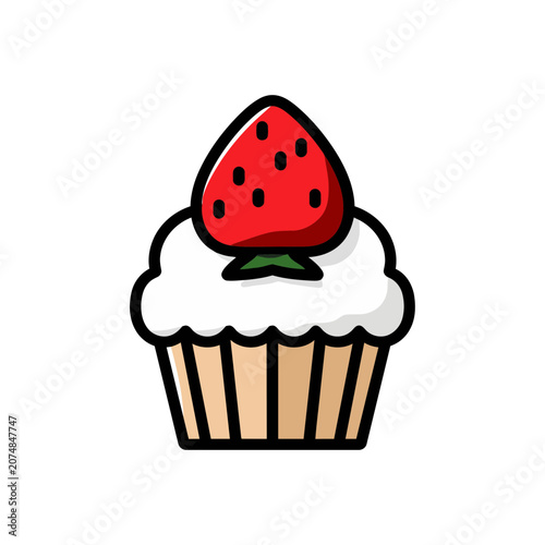 Strawberry Cupcake Flat Vector Illustration