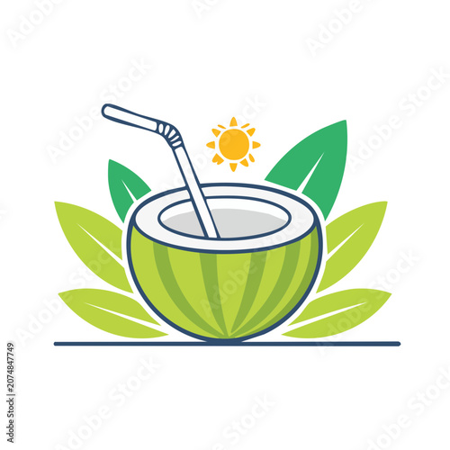 Tropical coconut drink with straw and leaves illustration