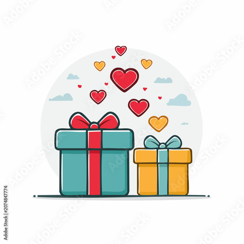 Two gift boxes with hearts and clouds illustration