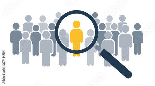 Schilderij op canvas A magnifying glass focuses on a single highlighted individual within a crowd of