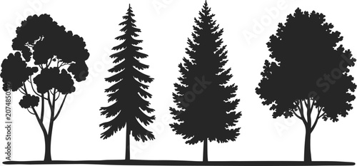 Schilderij op canvas Black tree silhouettes vector collection, natural forest pine and deciduous tree