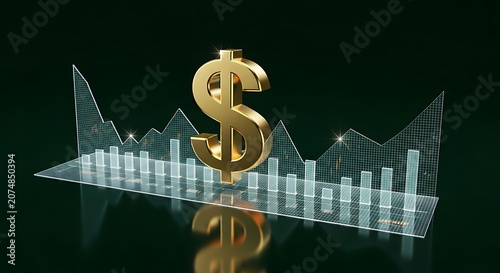 Gold dollar sign with reflective surface and glowing white bar graphs
