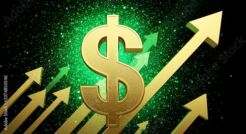 Golden dollar sign with green rising arrow icons indicating financial success
