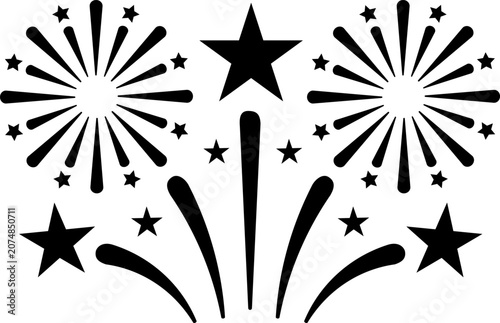  Festive fireworks silhouette icon with bursting sparks and decorative stars for celebration event and holiday design elements