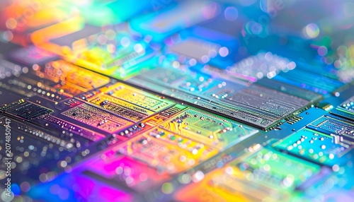 虹色の光を反射する半導体チップ表面のカラフルなマクロクローズアップ