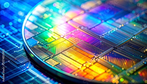 虹色に輝くシリコンウェハー表面のマクロ撮影と半導体回路のクローズアップ