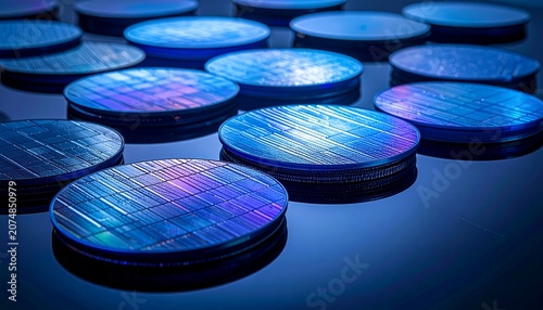 暗い背景に整然と並ぶ青く光るシリコンウェハーの半導体素材