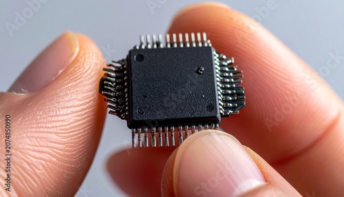 指先でつまんで持つ小さな黒い半導体チップのクローズアップ