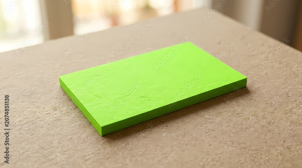 Fototapeta premium Bright green sticky note on a textured surface, clean empty space for notes