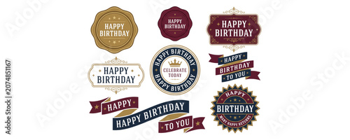 Happy birthday badge sticker set vector vintage retro greeting emblem collection