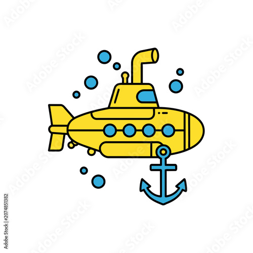 Yellow Submarine with Anchor and Bubbles Vector Illustration