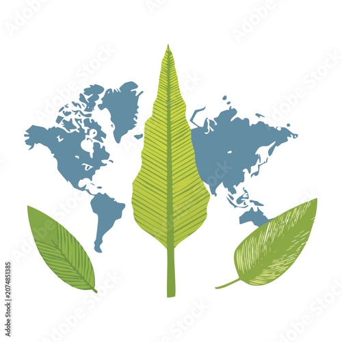World map and green leaves flat illustration