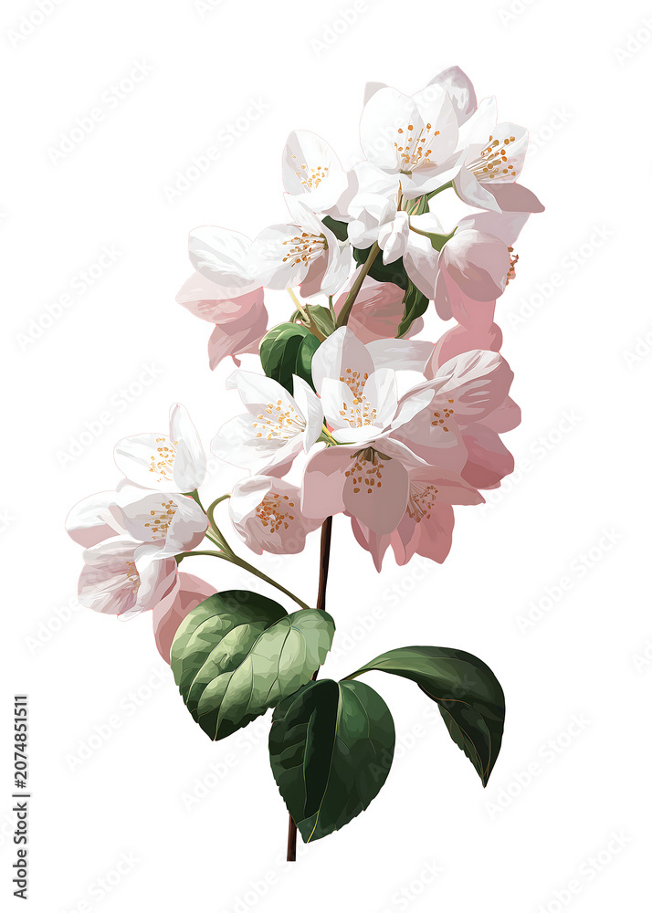 Naklejka premium Blooming White Jasmine Flowers, Nature Illustration, Botanical Art, Elegant Design