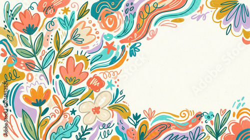 Colorful organic doodles abstract floral