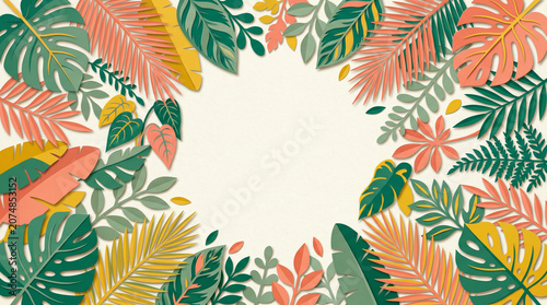 Colorful tropical leaves scattered across